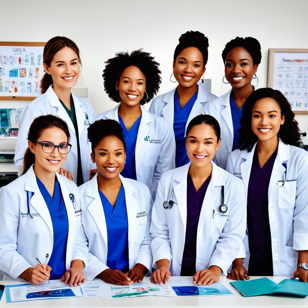 A vibrant scene showcasing diverse female medical pioneers in lab coats and scrubs, joyfully collaborating in a bright, modern clinic filled with medical tools and inspiring posters. Represent various ethnicities and ages, with symbols of empowerment like stethoscopes and diplomas. The atmosphere should radiate joy, determination, and inspiration. painting. vibrant colors. white background.