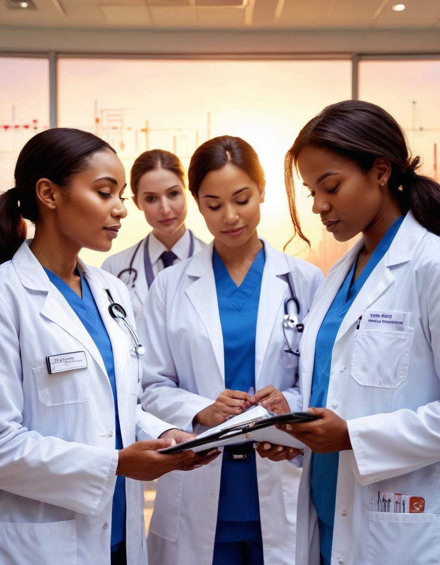 A diverse group of female physicians in white coats, passionately collaborating in a bright hospital environment, surrounded by medical equipment and patient charts. The backdrop showcases an inspiring sunrise, symbolizing hope and transformation in medicine, with elements like stethoscopes and healing hands. Include a blend of ethnicities to reflect inclusivity. super-realistic. vibrant colors. medical theme.