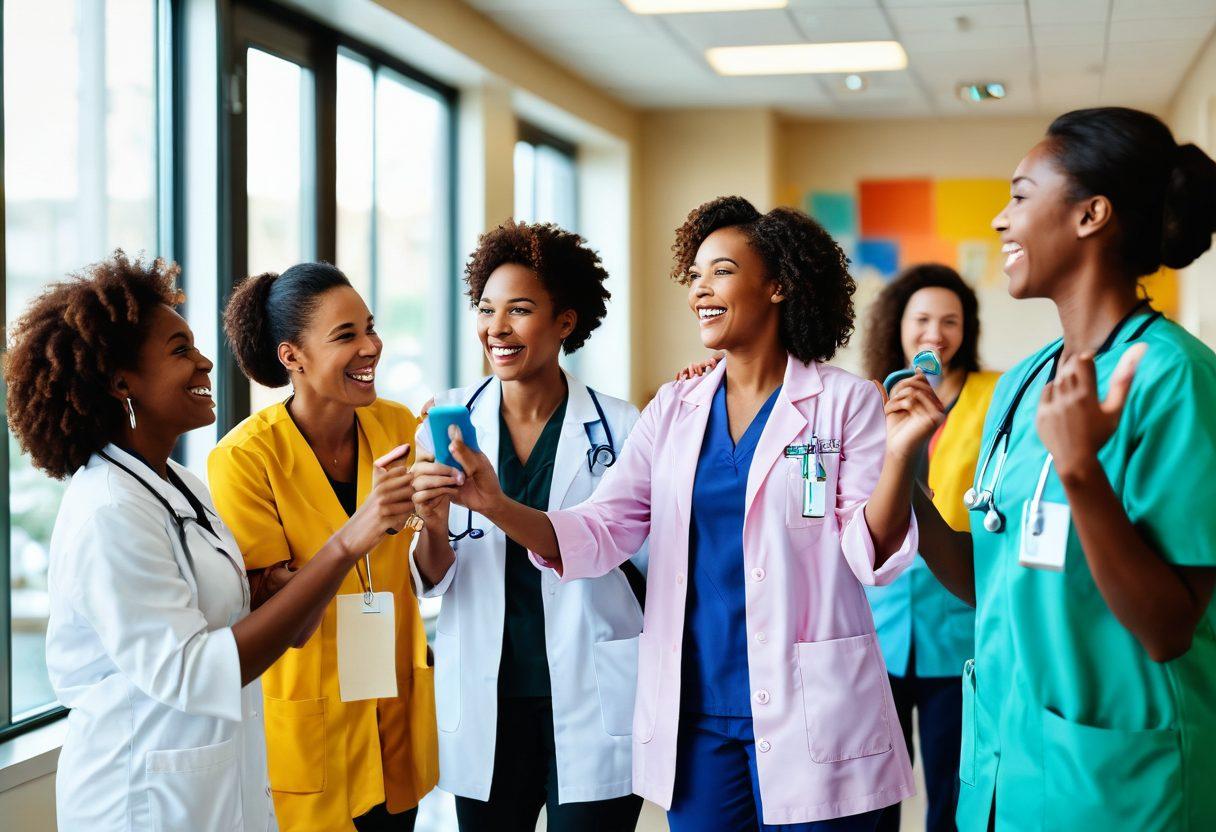 A vibrant scene depicting a diverse group of joyful women healthcare professionals celebrating together in a bright hospital lobby. Each woman is engaged in a different activity—one is showing a patient a toy, another is high-fiving a colleague, while a third is speaking on the phone with a smile. The atmosphere is warm and empowering, filled with colorful decorations and inspirational quotes on the walls. The sunlight streams in through large windows, illuminating their faces with happiness. super-realistic. vibrant colors. bright background.